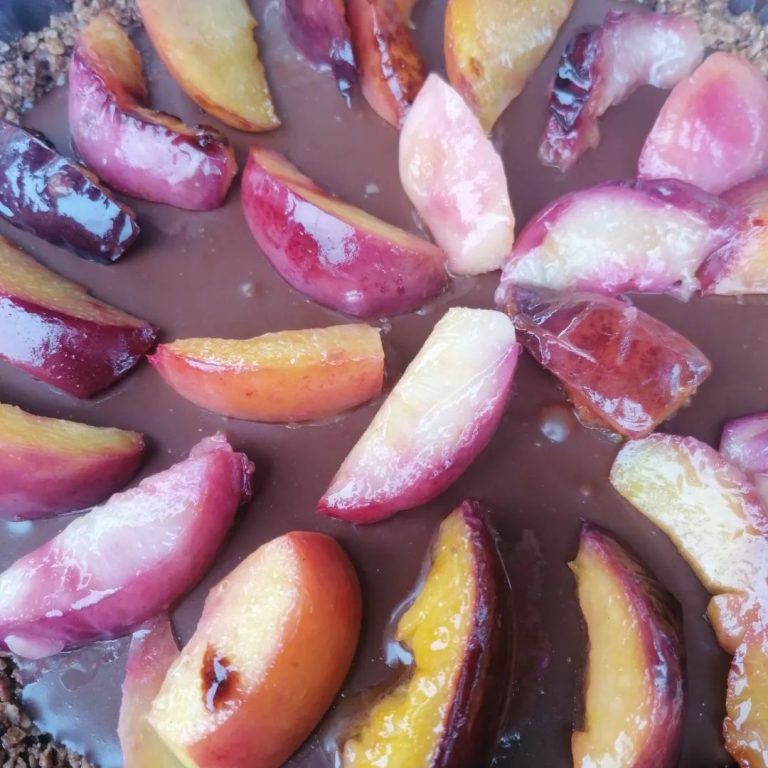 tarte flocons d'avoine ganache chocolat nectarine poelee